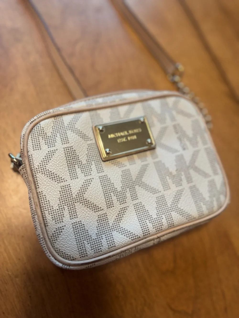 Michael Kors Embossed MK Logo Crossbody in Cream and Tan - Picture 2 of 8